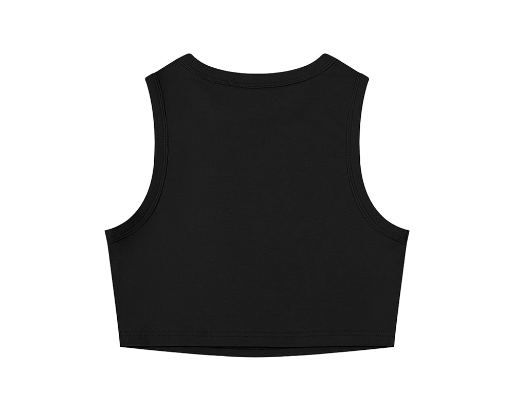 A black sleeveless crop top shown from the back, photographed flat against a solid white background.