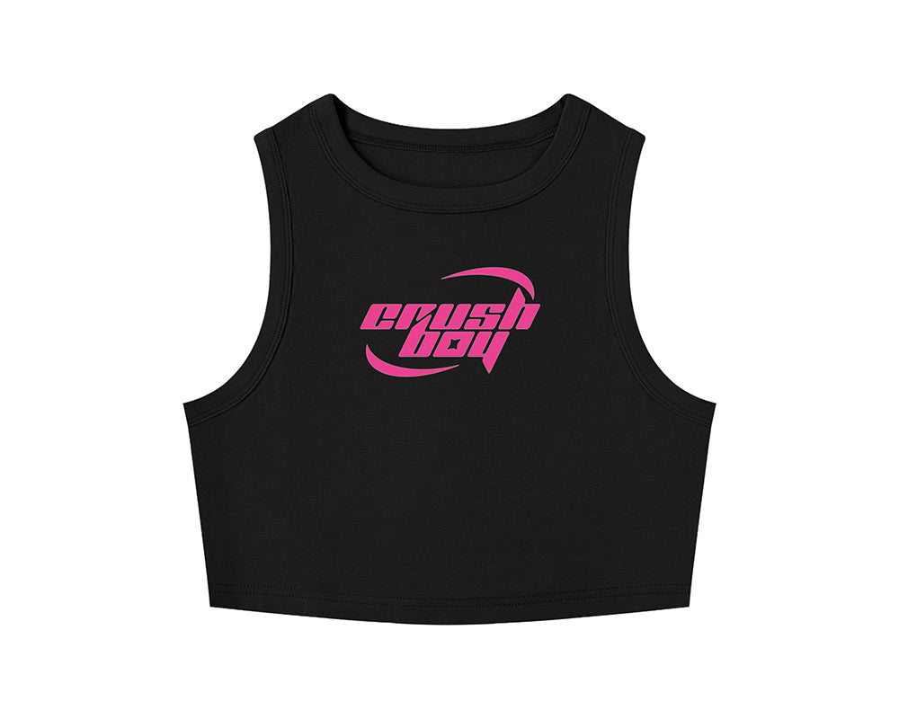 A black sleeveless crop top featuring a vibrant pink 'crushboy' graphic logo printed on the chest, displayed against a solid white background.