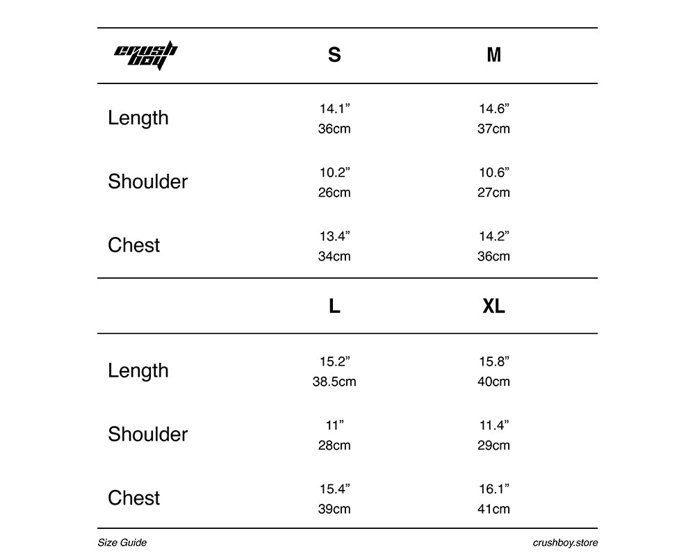 A size guide chart for Crush Boy clothing, showing measurements for S, M, L, and XL sizes including length, shoulder, and chest in both inches and centimeters.