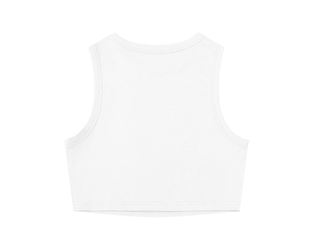 A white sleeveless crop top shown from the back, photographed flat against a solid white background.