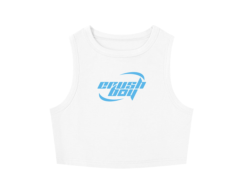 A white sleeveless crop top featuring a light blue 'crushboy' graphic printed on the chest, displayed against a solid white background.