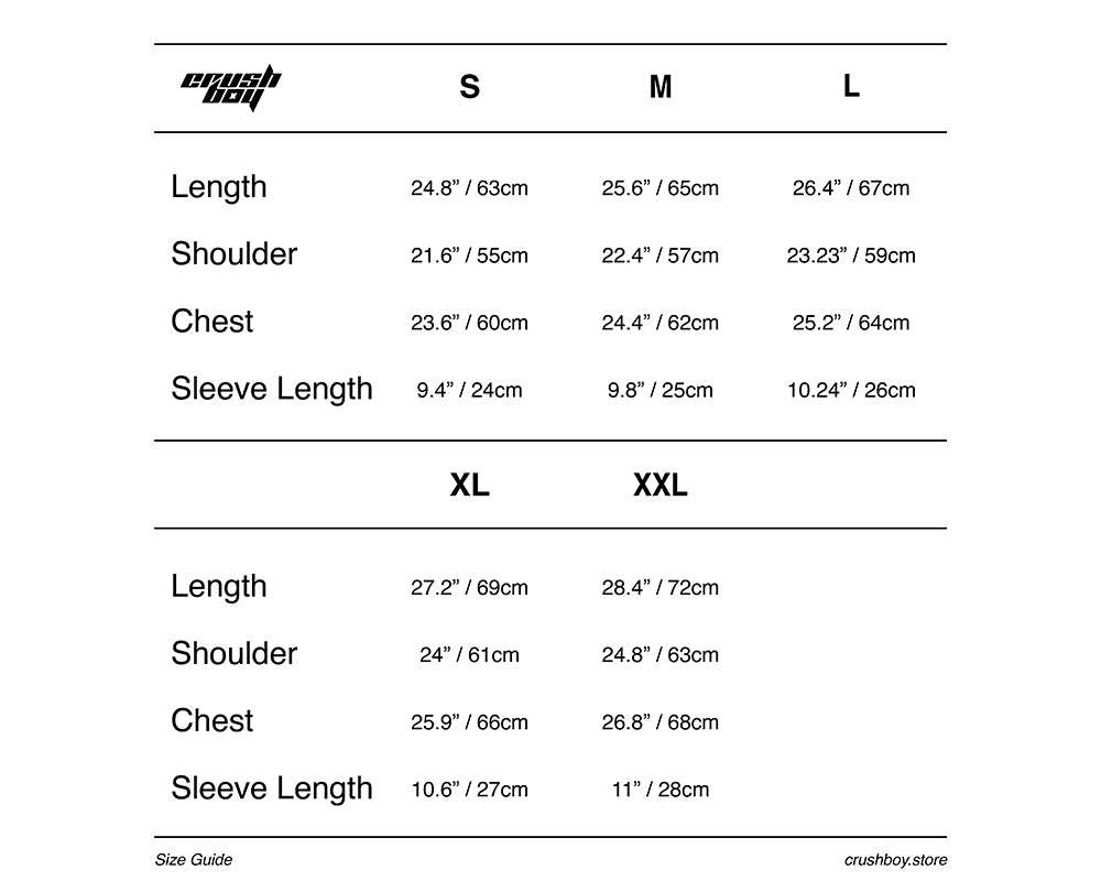 A size guide chart for the brand crushboy, showing measurements for S, M, and L sizes, as well as XL and XXL sizes, including length, shoulder, chest, and sleeve length in both inches and centimeters.