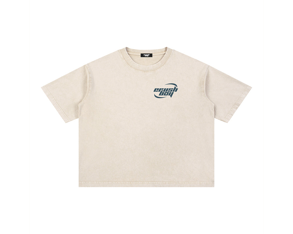A beige short-sleeve t-shirt with a small dark blue 'CRUSHBOY' logo on the left chest, displayed flat against a solid white background.