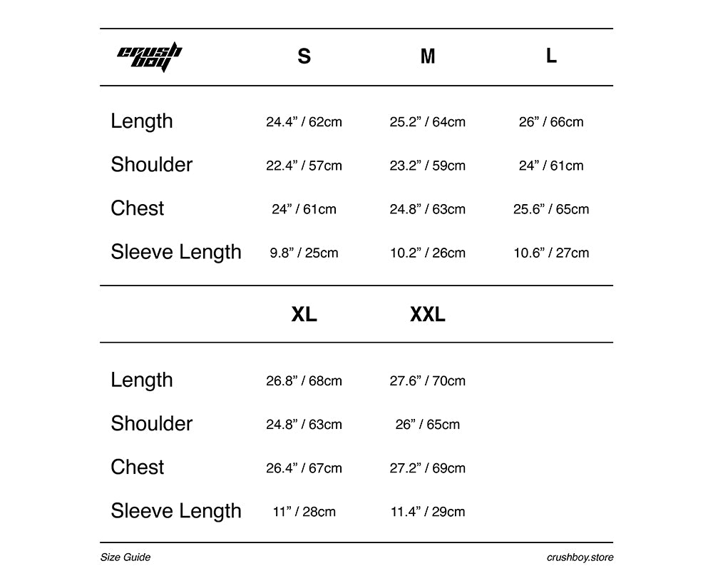 A size guide chart for the brand crushboy, showing measurements for S, M, and L sizes, as well as XL and XXL sizes, including length, shoulder, chest, and sleeve length in both inches and centimeters.