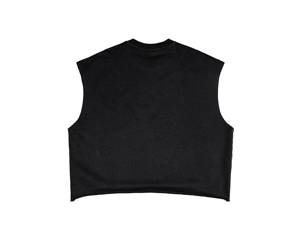 A black sleeveless cropped knit top shown from the back, photographed flat against a solid white background.
