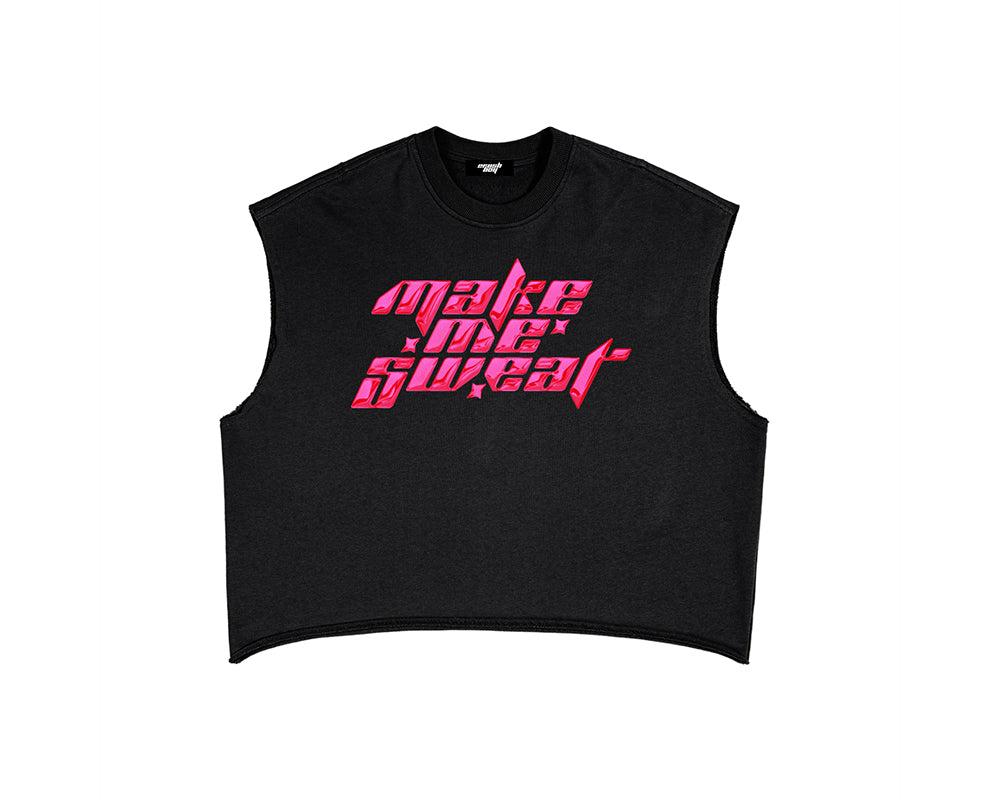 A black sleeveless crop top featuring a vibrant pink graphic text print that reads 'make me sweat' in a stylized font, displayed against a solid white background.