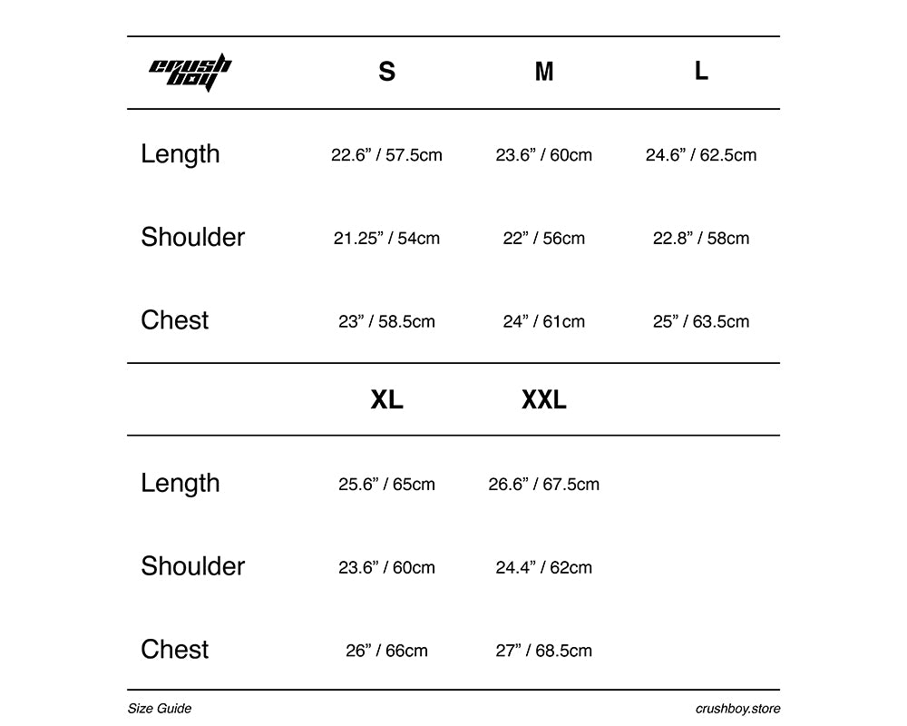 A size guide chart for the brand crushboy, showing measurements for S, M, and L sizes including length, shoulder, chest, and measurements for XL and XXL.